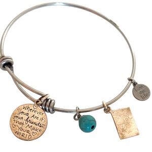 Love This Life Silver Tone Travel Charm Bangle Bracelet Globe Postcard Turquoise